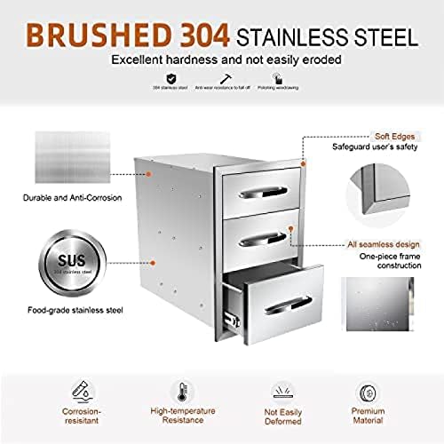 Stainless Steel Outdoor Kitchen BBQ Island Drawers - Flush Mount Triple Access, 14Wx21Dx21H - Image 3