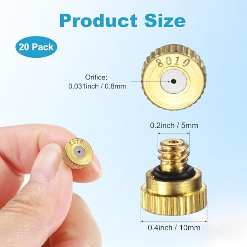 M METERXITY 20-Pack Brass Misting Nozzles, 0.031inch/0.8mm Orifice Heavy Duty 10/24 UNC Screw Thread Misting Nozzle Plug for Outdoor Spray Cooling System/Patio Mist System/Dust Control - Image 3