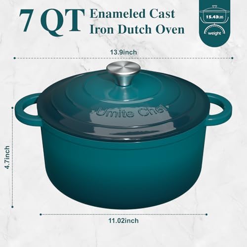 Umite Chef 7QT Enameled Cast Iron Dutch Oven with Lid & Cotton Potholders–Heavy-Duty Cookware for Bread Baking, Braising, Stews, Marinate, Cook(Emerald) - Image 2