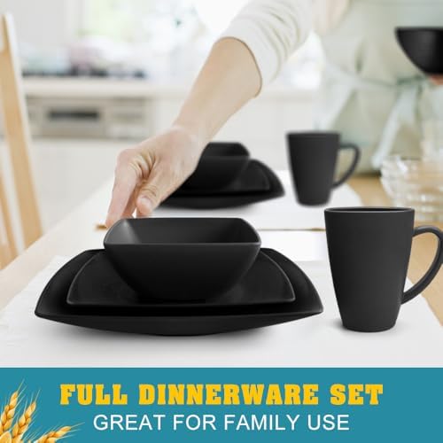 Teivio 16-piece Plastic Wheat Straw Square Dinnerware Set for 4, Unbreakable Dinner Plates, Salad Plates, Snack Bowls, Mugs, Dishwasher Safe, Black - Image 6