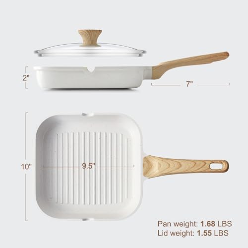SENSARTE Nonstick Ceramic Grill Pan with Lid, Versatile Square Grilling Pan with Pour Spouts, Durable Grill Skillet for All Stoves(Gas,Electric,Induction) Non Toxic-PTFE,PFAS,PFOA Free, 9.5 Inch - Image 6