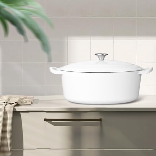 Leonyo 5-Quart Enameled Cast Iron Oval Dutch Oven Pot with Lid, White - Image 7