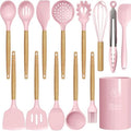 oannao Silicone Kitchen Utensils Set - 446°F Heat Resistant Cooking Utensil Sets, Spatula,Turner,Tongs,Spoon,Whisk, Wooden Handle Silicone Kitchen Gadgets Tools for Non-Stick Cookware BPA Free (Pink) by oannao
