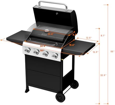 ROVSUN 4 Burner Propane Gas Grill with Foldable Side Shelves, 40000BTU BBQ Grills with Enameled Cast Iron Grates, Cabinet & Poratable Rolling Wheels for Outdoor Garden Patio Backyard Barbecue Cooking - Image 6