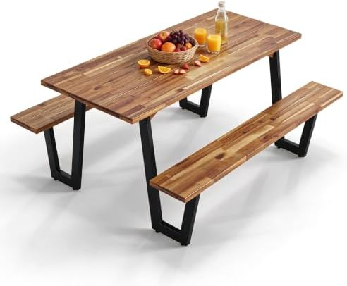 ORALNER Acacia Wood Picnic Table Bench Set w/2“ Umbrella Hole, 6-8 Person by ORALNER