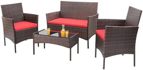 Homall 4 Pieces Patio Rattan Chair Wicker, Outdoor Indoor Use Backyard Porch Garden Poolside Balcony Furniture Sets (Red) by Homall