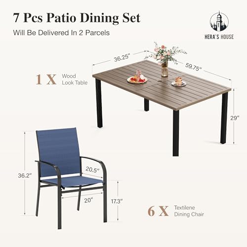 HERA'S HOUSE 7pc Patio Dining Set, Outdoor Wood-Like Metal Table & 6 Chairs - Image 6