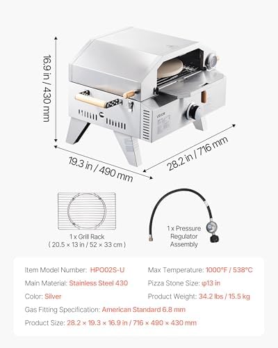 VEVOR 2 IN 1 Outdoor Pizza Oven, 13 in Propane Pizza Oven & Grill, 12,000 BTU Tabletop Propane Gas Oven with Pizza-Stone, Thermometer, Stainless Steel Portable Grill, for Camping & Backyard - Image 7