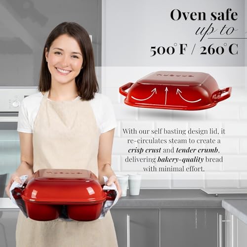 QuadPro Enamelled Cast Iron Bread Loaf Pot – Dutch Oven for Sourdough Bread Baking – 500°F Oven Safe Non Stick Bread Pot – 4 Round Loaf Spaces (4.90-inch Diameter), Red – by Nuovva - Image 4