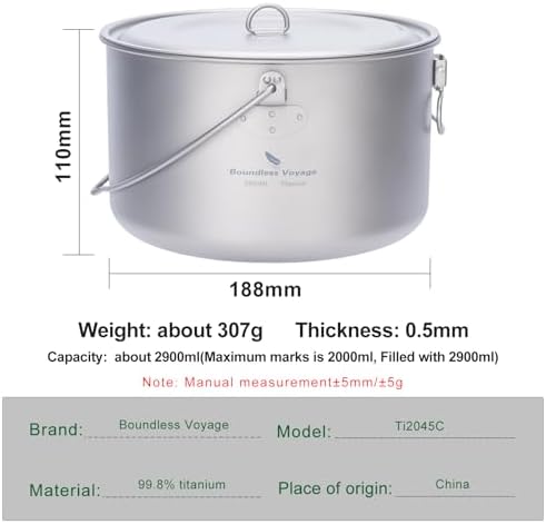 iBasingo 2.9L Titanium Pot Camping Cookware Campfire Billy Pot Ti2045C - Image 2