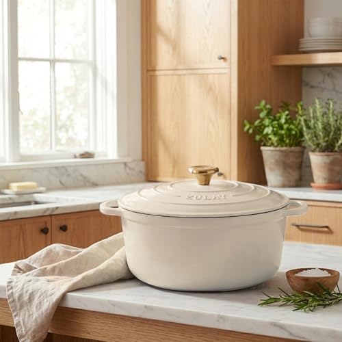 Zulay Kitchen 7.7 Quart Enameled Cast Iron Dutch Oven Pot with Lid – Premium Durability & Oven Safe up to 500°F – Heavy Duty Cookware Perfect for Bread Baking, Stews, Braising & Roasting – Ivory - Image 2