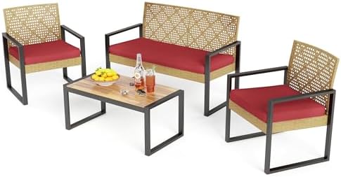PHI VILLA 4 Piece Yellow Wicker Patio Furniture Set with Red Cushion by PHIVILLA