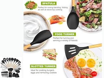36 pcs Silicone Kitchen Cooking Utensils with Holder, Heat Resistant Cooking Sets Wooden Handle, Nonstick Kitchen Gadgets Tools Include Spatula Spoons Turner Pizza Cutter(Black) for Gift, K Trends - Image 2
