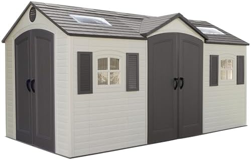 Lifetime 15×8 Ft Dual‑Entry Outdoor Storage Shed, Steel‑Reinforced, UV‑Protected, Weather‑Resistant Backyard Garden Shed with Skylights, Windows & Shelving, Desert Sand by Lifetime