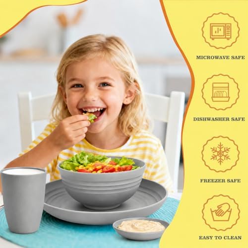 Kids Wheat Straw Dinnerware Sets for 4, 16 Piece Unbreakable Dinnerware Set, Kids Plates and Bowls Sets, Kitchen Plates and Bowls Set, Lightweight Dish Set for Party, Camping，RV - Grey - Image 4
