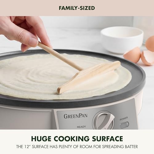 GreenPan Advanced 12" Crepe Maker, Ceramic Nonstick PFAS-Free Coating, Adjustable Temperature Control, 400°F Heating, Batter Spreader & Crepe Turner Included, Clay - Image 3