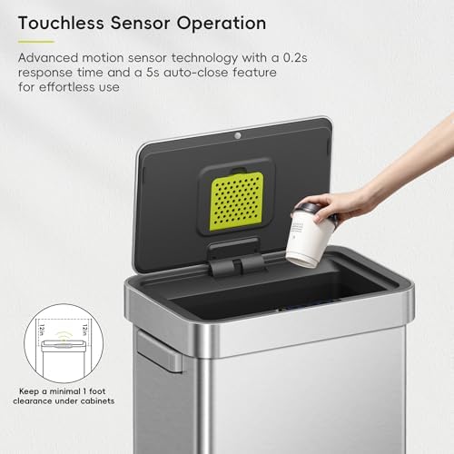 EKO Deluxe Mirage-T 50 Liter / 13.2 Gallon Touchless Rectangular Motion Sensor Trash Can or Recycling Bin, Matte Stainless Steel Finish - Image 4