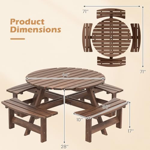 Giantex 8-Person Round Picnic Table Set with 4 Benches, 550 LBS Bench Capacity, 2" Umbrella Hole, Circular Outdoor Wood Dining Table & Chairs for Patio Yard Garden Porch Deck (71”x71”x28”,Brown) - Image 2