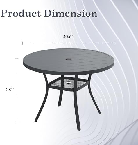 Outdoor Dining Table with Adjustable Umbrella Hole, 40.6" All-Weather Round Patio Dining Table for 4, Metal Patio Table with Storage Shelf for Garden Lawn Porch Deck Yard, Dark Grey - Image 2