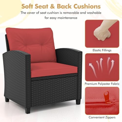 RELAX4LIFE 3-Piece Patio Furniture Set - Wicker Rattan Bistro Sofa Set w/Glass Top Coffee Table, Washable Cushions for Porch Balcony Backyard Poolside, Outdoor Furniture Conversation Set (Red) - Image 4