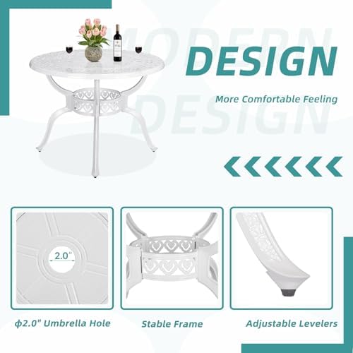 MEETWARM 5 Piece Patio Dining Set, Outdoor All-Weather Cast Aluminum Dining Furniture Set Includes 4 Chairs and 1 Round Table with Umbrella Hole for Garden Deck, White - Image 2