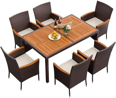 Flamaker Patio Dining Set for 6 Outdoor Acacia Wood Table and Chairs, Brown by Flamaker