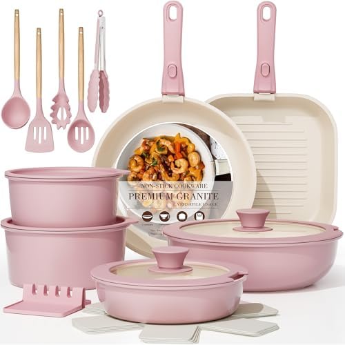 Astercook 23 Pcs Pots and Pans Set Non Stick, Ceramic Cookware Set Detachable Handle, RV Kitchen Cooking Set Removable Handles, Oven Safe, Induction Ready, Stackable, Pink, Mothers Day Gifts by Astercook