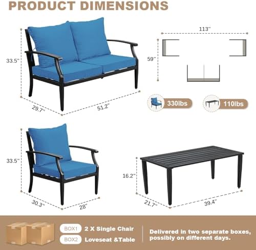 4-Piece Patio Furniture Set, Wider Outdoor Metal Seating Sofa with High Back & Loveseat, Coffee Table, All Weather Metal Conversation Set for Backyard, Poolside, Deck-Peacock - Image 6