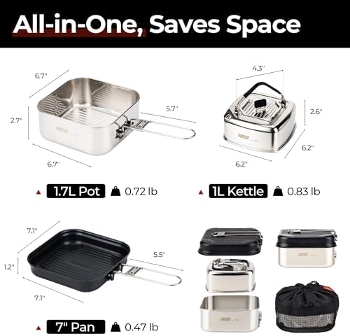 ALOCS Camping Cookware Set, Stainless Steel Pot, 7-inch Non-Stick Pan, Portable Kettle, Outdoor Cooking System with Carry Bag for Kitchen, Picnic, Hiking, Backpacking,Fishing and Campfire - Image 5