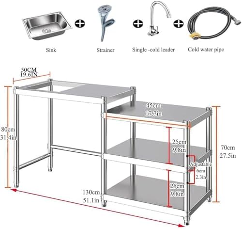 Stainless Steel Kitchen Prep Table with Sink, 3-Tier Multi-functional Washing Hand Basin Station, Utility Free-standing Work Table & Storage Shelves for Backyard BBQ, Garage, Garden - Image 7