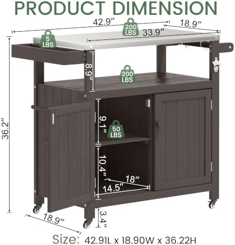 Weatherproof HIPS Outdoor Kitchen Island with Stainless Steel Top & Storage Cabinet, Movable Prep Table with Wheels for BBQ Food Prep, Outdoor Grill Cart for Parties, Cocoa Brown - Image 2