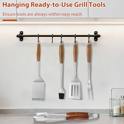 3 pcs Heavy-Duty Rose Wooden BBQ Grilling Tools Set, Extra Thick Stainless Steel Multi-Functional Spatula, Fork, Tong- an Excellent Barbecue Gift for Men - Image 3