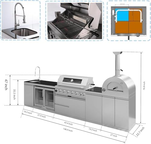 147" Outdoor Kitchen Island,Natural Gas BBQ Grill with Pizza Oven,Rotisserie,Double Door Refrigerator,Storage Cabinets,Granite Countertop & Drawers,120,000 BTU,Stainless Steel Material. - Image 2