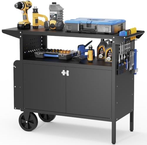 Rolling Workbench with Storage Cabinet,39.4" Mobile Garage Work Bench with Pegboard,Heavy Duty Steel Tool Cart with Wheels,Tool Storage Cabinet for Garage,Workshop,DIY and Home Repair by ElteanStorageSolutions