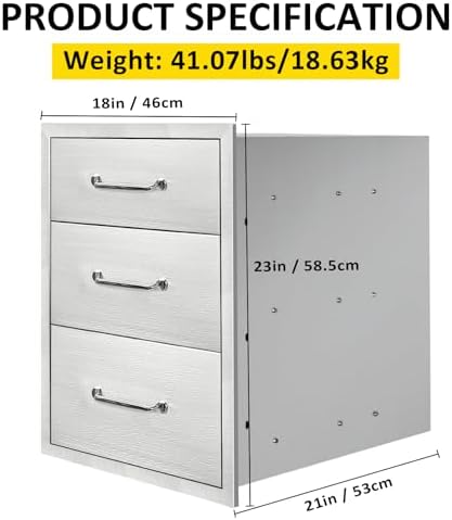 Outdoor Kitchen Drawers 18" W x 23" H x 21" D Flush Mount Triple BBQ Drawers with Chrome Handle Stainless Steel Drawer for Outdoor Kitchen Island, Patio Grill Station - Image 2