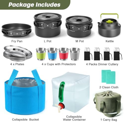 Odoland 29pcs Camping Cookware Mess Kit, Non-Stick Lightweight Pots Pan Kettle, Collapsible Water Container and Bucket, Stainless Steel Cups Plates Forks Knives Spoons for Outdoor Backpacking Picnic - Image 2