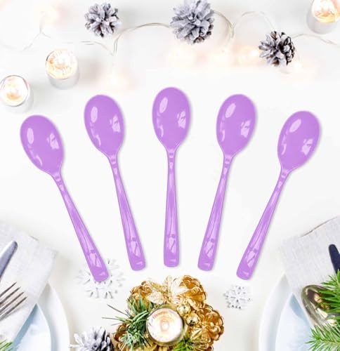SietDESEO 25 PCS Light Purple Plastic Spoons Disposable Utensils Heavy Duty Lavender Spoons Disposable Cutlery for Birthday Wedding Baby Shower Bridal Shower Plastic Silverware - Image 3