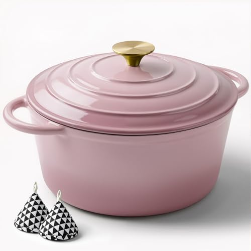 Miereirl 6 Quart Enameled Dutch Oven Pot with Lid, Cast Iron Dutch Oven with Dual Handles for Bread Baking, Cooking, Non-stick Enamel Coated Cookware, Pink by Miereirl