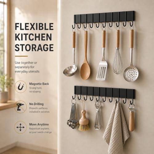 2Pcs Magnetic Key Holder For Fridge With 10 Hooks, Magnetic Utensil Holder For Wall, Strong Magnetic Key Hanger Hook Organizer, Magnent Key Rack For Kitchen Metal Door Grill Tool Coat Towel Purse - Image 3