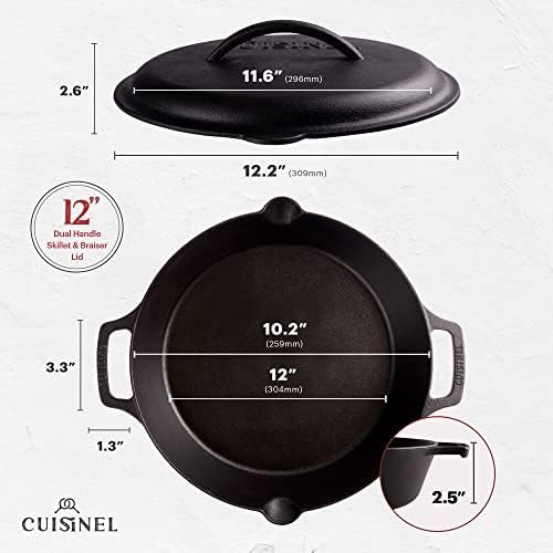 Cast Iron Skillet with Cast Iron Lid - 12"-Inch Dual Handle Frying Pan + Pan Scraper + Silicone Handle Holder Covers - Pre-Seasoned Oven Cookware - Use Indoor/Outdoor, Grill, Stovetop, Induction - Image 2