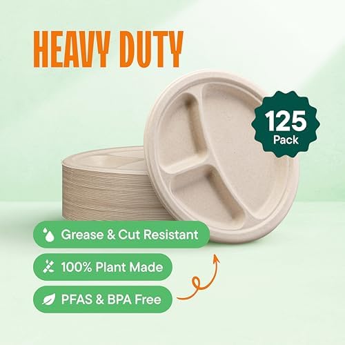 100% Compostable, 3 Compartment, Disposable Paper Plates [125-Pack] 9 Inch Heavy Duty Biodegradable Bagasse Sectional Lunch Trays + Dividers - Divided Platte Tray (PFAS Free) (BPA Certified) - Image 2