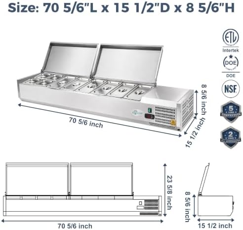 COOLCHEF 71-Inch Refrigerated Condiment Prep Rail, Mixed GN Pans - Image 2