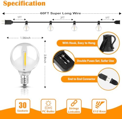 60FT Outdoor String Lights Waterproof, Bright 2700K LED Patio Lights String with 30+1 G40 Shatterproof Globe Bulbs, Connectable Edison String Lights for Outside, Garden, Balcony, Porch - Image 6