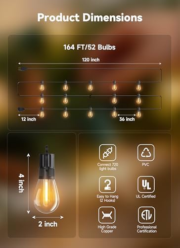 Minetom 164FT Outdoor String LED Patio Lights Waterproof,Shatterproof S14 Vintage Edison Bulbs,Commercial Grade Outside Hanging Lights Waterproof for Porch Deck Garden Backyard Balcony Cafe Bistro - Image 3