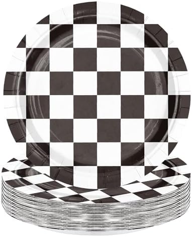 WRAPAHOLIC 25Pcs Racing Cars Paper Plates - 9 Inch Black and White Racing Flags Disposable Plates Decorative Dinner Plates for Party Tableware Supplies Table Decor by WRAPAHOLIC
