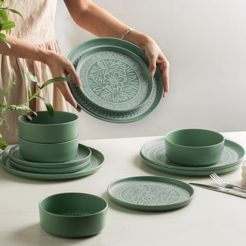 MissYip Melamine Dinnerware Set, 12 Piece for 4, Thicker Sturdy Indoor and Outdoor Use Tableware, Durable Plastic Plates and Bowls set, BPA Free, Dishwasher Top Safe, Not Microwave, Not Oven(Green) - Image 4