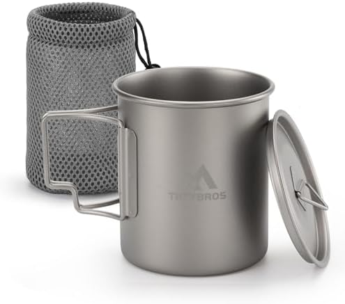THTYBROS Titanium Cup Ultralight Camping Mug with Foldable Handle & Lid, Pure Titanium Cookware for Outdoor Hiking, Backpacking, Picnic, and Campfire by THTYBROS
