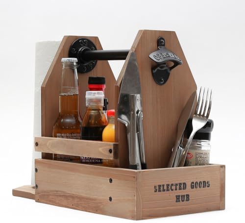 Wooden Grill Caddy Organizer - Versatile BBQ Caddy for Outdoor grill - Portable rustic wood condiment and paper towel holder with bottle opener for picnic and grilling by Unknown