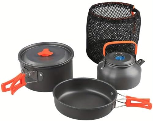 Portable Camping Cookware Set- Lightweight Aluminum Pot, Pan & Kettle with Foldable Handles for Backpacking, Hiking & Outdoor Cooking - Non-Stick, Space-Saving for 2-3 People by Pardarsey