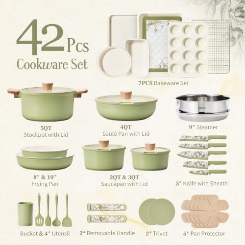 CAROTE 42pcs Ceramic Cookware Set, Pots and Pans Set with Detachable Handle - Image 2
